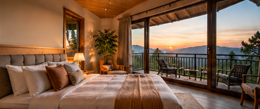 A bedroom opening onto a sunset valley view