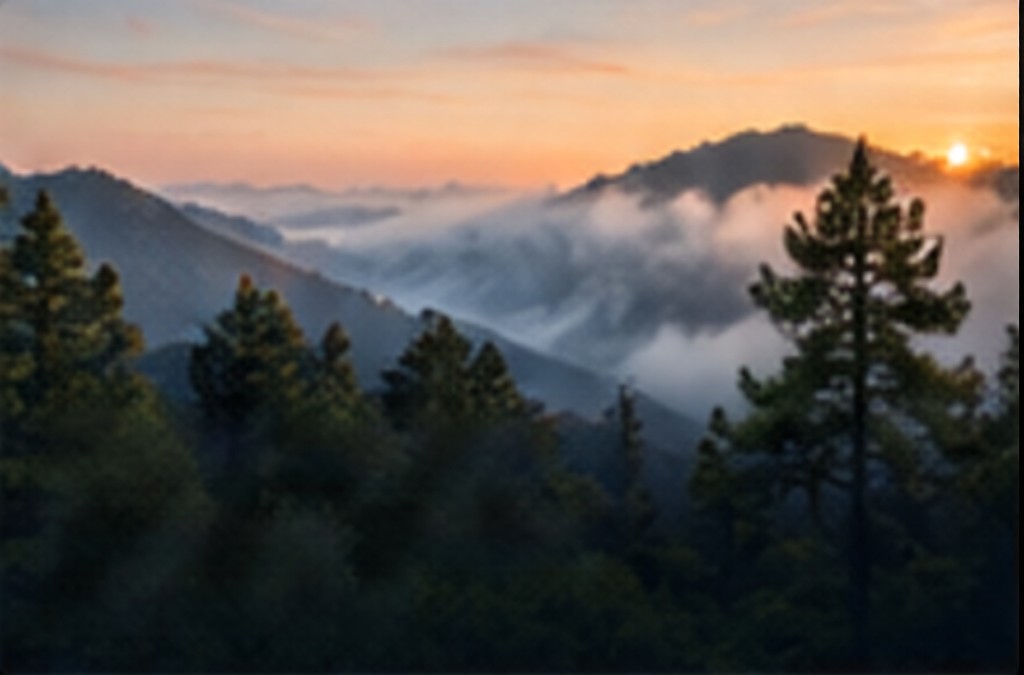 Misty mountain ridges at sunrise